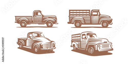 Vintage farmer pickup truck drawing in etching style. Vector woodcut illustration of classic farm car, rustic lorry in side and perspective view isolated on white background