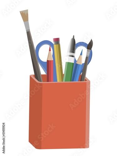 Red square pencil holder with various stationery and supplies, isolated on white background