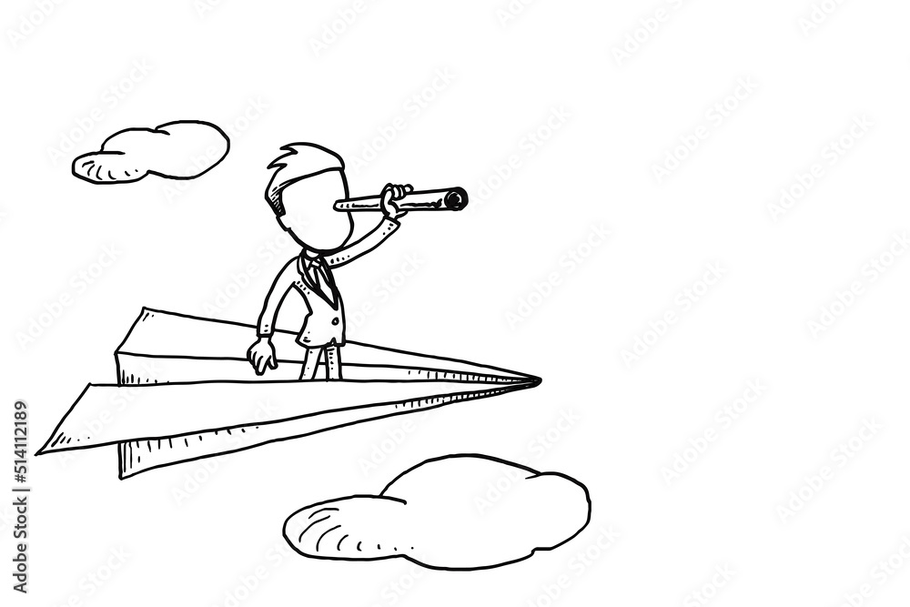 Businessman on paper plane using telescope for searching opportunity. Business vision concept. Cartoon vector illustration design - obrazy, fototapety, plakaty 