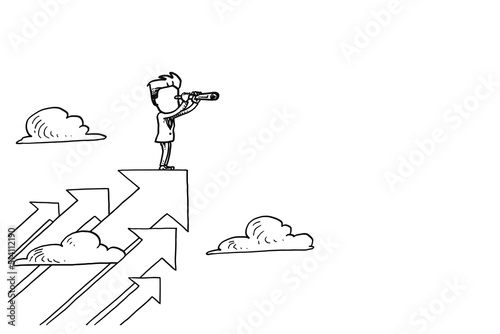 Businessman on upward arrow using telescope looking for opportunity. Concept of vision, mission, objective and goal. Cartoon vector illustration design