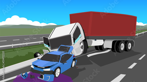 Accident of a container truck blocking the asphalt road. Clash on the edge of the road and at the end of a passenger car. oil spill on road. Parallel routes in the area connecting the cities.