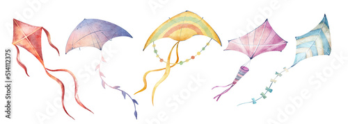 Canvastavla Watercolor hand drawn set with illustration of colorful kites toys in the sky