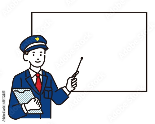 指示棒を持ってホワイトボードを指す警備員のベクターイラスト素材／ガードマン／交通誘導／ビル