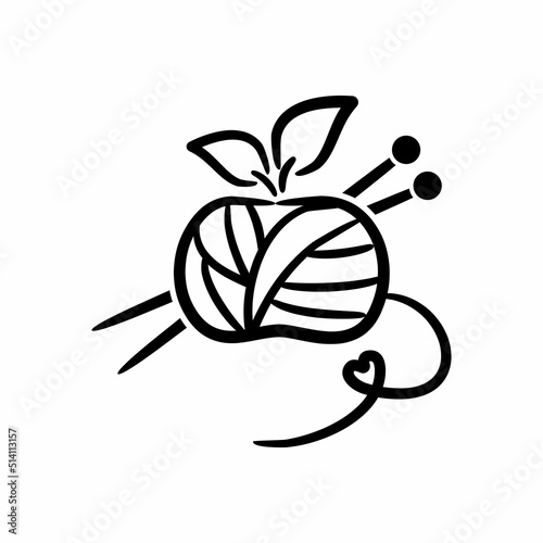 A ball of yarn and knitting needles. Logo for knitters. Yarn logo in the form of an apple. A ball of wool in the form of a fruit. Handmade, knitting, comfort, warmth.