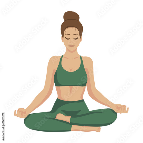 Women's yoga. Girl in lotus pose meditating. Vector illustration.
