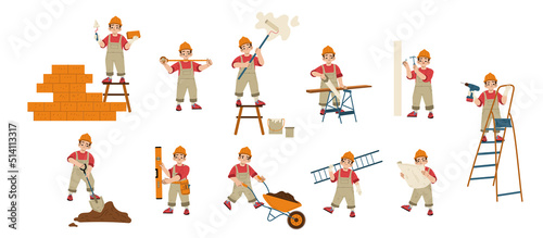 Repair service workers. Builders, repairmen, construction and renovation employees or foreman characters in uniform with professional tools, brick wall, ladder Line art flat vector illustration, set