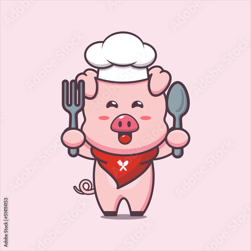 cute pig chef mascot cartoon character holding spoon and fork 
