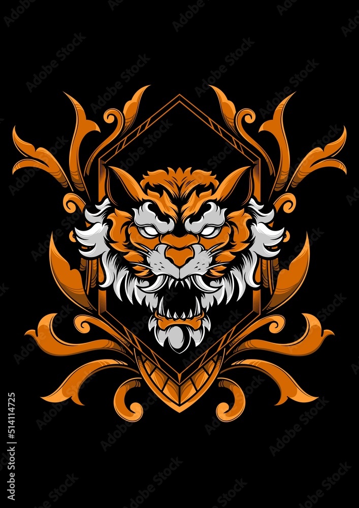 Mythical creature tiger head with ornament frame