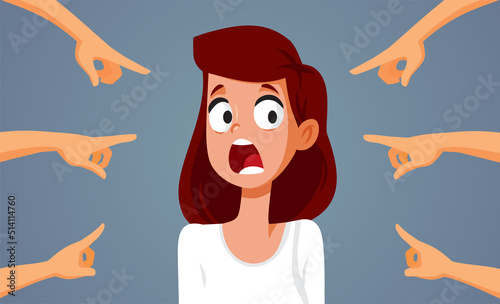 People Blaming Shocked Young Woman Vector Cartoon Illustration. Girl feeling discriminated and unjustly accused of immoral behavior