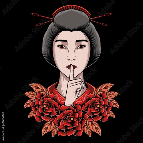 Japanese geisha with rose flower Premium Vector