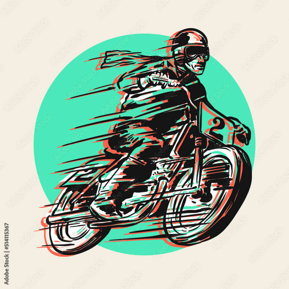 Racer with motorcycle objects in retro hand drawing style Racer with motorcycle objects in retro hand drawing style
