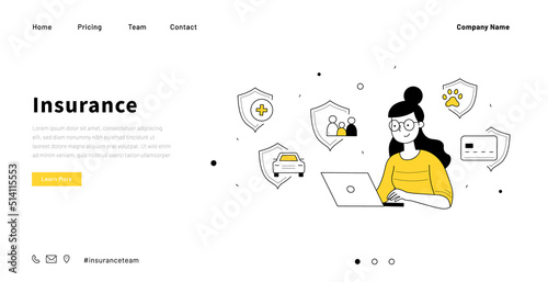 Insurance service doodle landing page. Woman with laptop choose safety policy for health, life, property, family or pets protection, outline icons. Secure assurance Linear vector illustration