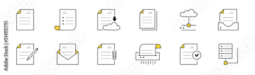 Set of doodle icons work with documents, online archive storage. Isolated vector linear signs upload to the cloud, shredding paper, files and folders with pen, envelope