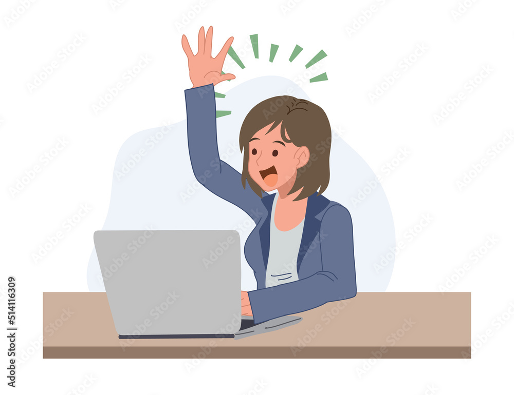 a woman raise her hand up in front of laptop. got an answer. a woman raise her hand up in front of laptop. got an answer.