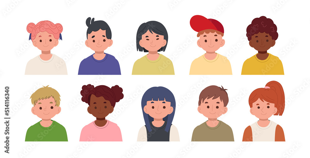 Set of children avatars. smiling faces of boys and girls.flat vector cartoon character illustration. Set of children avatars. smiling faces of boys and girls.flat vector cartoon character illustration.