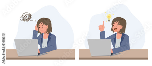 a business woman is working in front of her laptop and have problem then got an idea to solve. Flat vector cartoon illustration photo