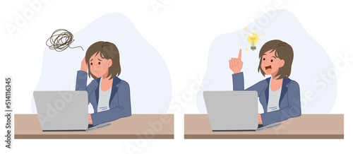 a business woman is working in front of her laptop and have problem then got an idea to solve. Flat vector cartoon illustration
