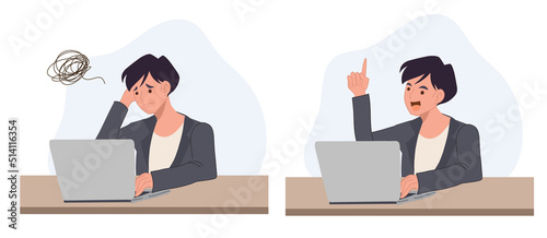 a business man is working in front of his laptop and have problem then got an idea to solve. Flat vector cartoon illustration photo
