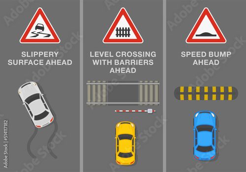Traffic regulation tips and rules. Signs and road markings meaning. "Slippery surface", "level crossing with barriers" and "speed bump" ahead sign. Top view of a city road. Flat vector illustration.