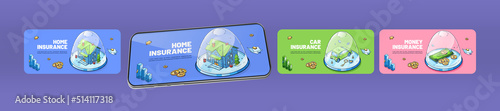 Insurance home, car and money banners for smartphone app. Vector presentation template for mobile phone with isometric house, auto and cash in protection glass dome