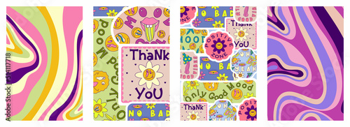 Rave trippy poster set with patches, smile, sticker. Modern retro abstract design. Abstract trippy psychedelic smile pattern. 70s, hippie. Rave psychedelic acid sticker poster. Vector illustration.