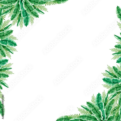 Green tropical leaves frame postcard and invitation template. Watercolor hand drawn illustration of exotic foliage for wedding design.