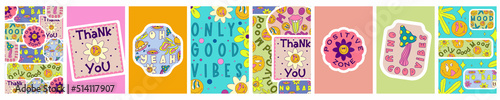 Rave trippy poster set with patches, smile, sticker. Modern retro abstract design. Abstract trippy psychedelic smile pattern. 70s, hippie. Rave psychedelic acid sticker poster. Vector illustration.