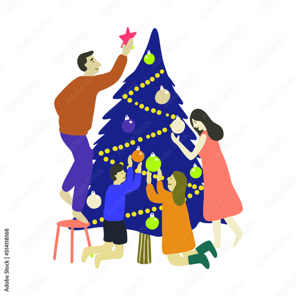 Fototapeta premium Set of family preparing and decorating Christmas tree. Flat cartoon vector illustration