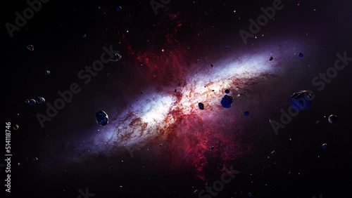 Galaxy space flight exploration with space rock scene. Flight to  The magnificent starburst galaxy M82 . 4K animation of flying through nebula clouds and stars field. photo