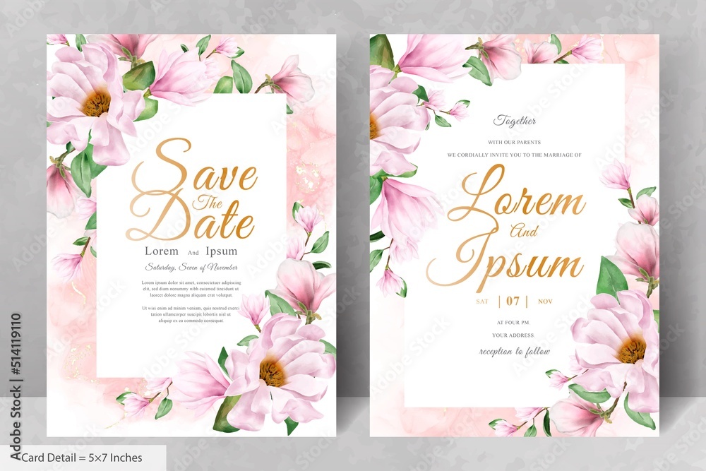 Magnolia Arrangement Floral Frame Wedding Invitation Card Template