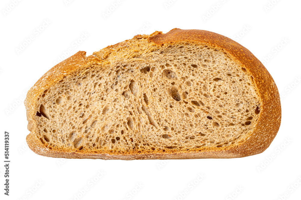 One slice of cutted grain bread with bran and dietary fiber isolated on white. Bakery and calorie concept One slice of cutted grain bread with bran and dietary fiber isolated on white. Bakery and calorie concept