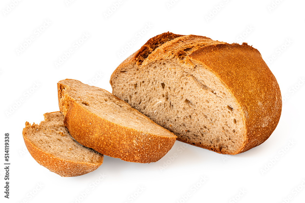 Cutted grain bread with bran and dietary fiber isolated on white. Bakery and calorie concept Cutted grain bread with bran and dietary fiber isolated on white. Bakery and calorie concept
