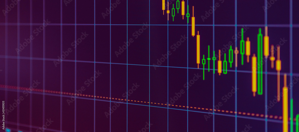 Daily trading prices on the online stock market graph showing on purple screen.Daily investor's business everyday life.Banner,selective focus. Daily trading prices on the online stock market graph showing on purple screen.Daily investor's business everyday life.Banner,selective focus.