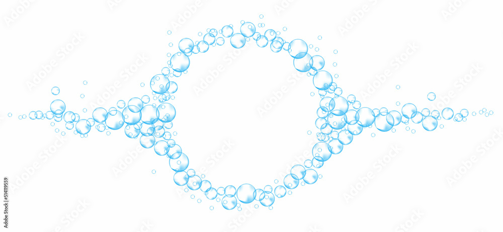 Effervescent soap bubbles frame. Blue foam suds isolated on white background. Realistic vector illustration. Effervescent soap bubbles frame. Blue foam suds isolated on white background. Realistic vector illustration.