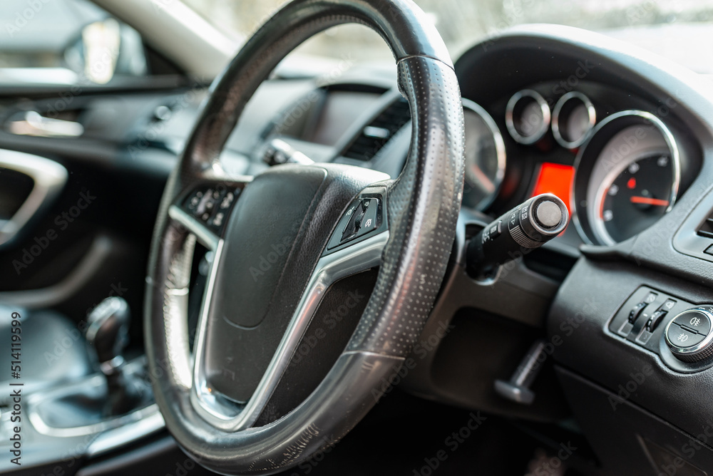 Driver's seat of the car.interior car. open car doors.Close up.