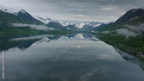 Early moring drone shot of Romsdals fjord, Norway. 
