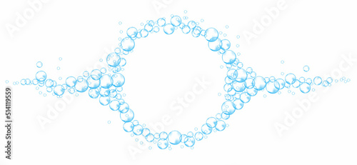 Effervescent soap bubbles frame. Blue foam suds isolated on white background. Realistic vector illustration.