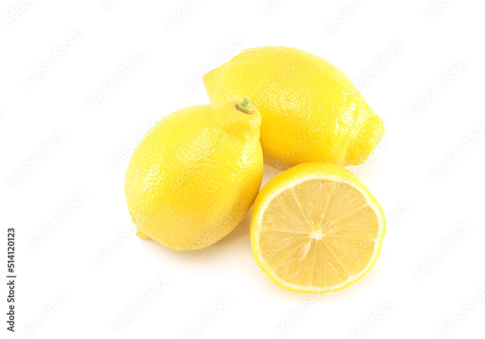 Fresh organic yellow lemon fruit with cut in half isolated on white background Fresh organic yellow lemon fruit with cut in half isolated on white background