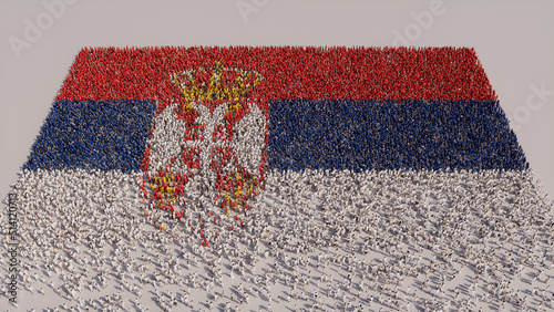 Serbian Flag formed from a Crowd of People. Banner of Serbia on White.