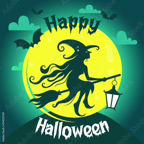 Photo Halloween party poster background with yellow moon witch lantern bats text in gr