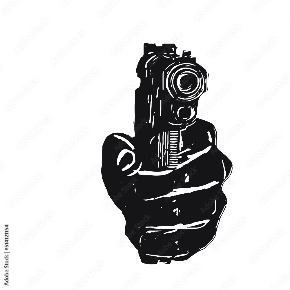 Silhouette of hand holding gun, hand holding pistol, Sketch drawing of