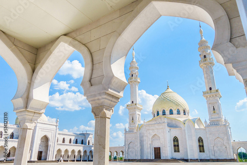 Panorama of the building of the White Mosque in Bolgar, Russia. View from the arch of one of the buildings of the complex