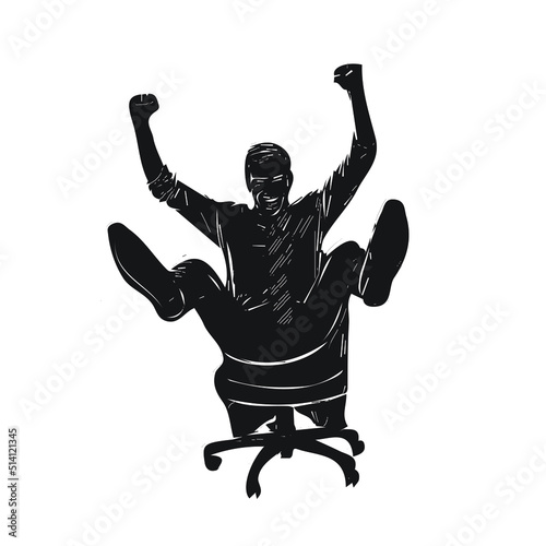 Silhouette of Professional Man jumping on office chair with joy, line art illustration of young man on revolving chair