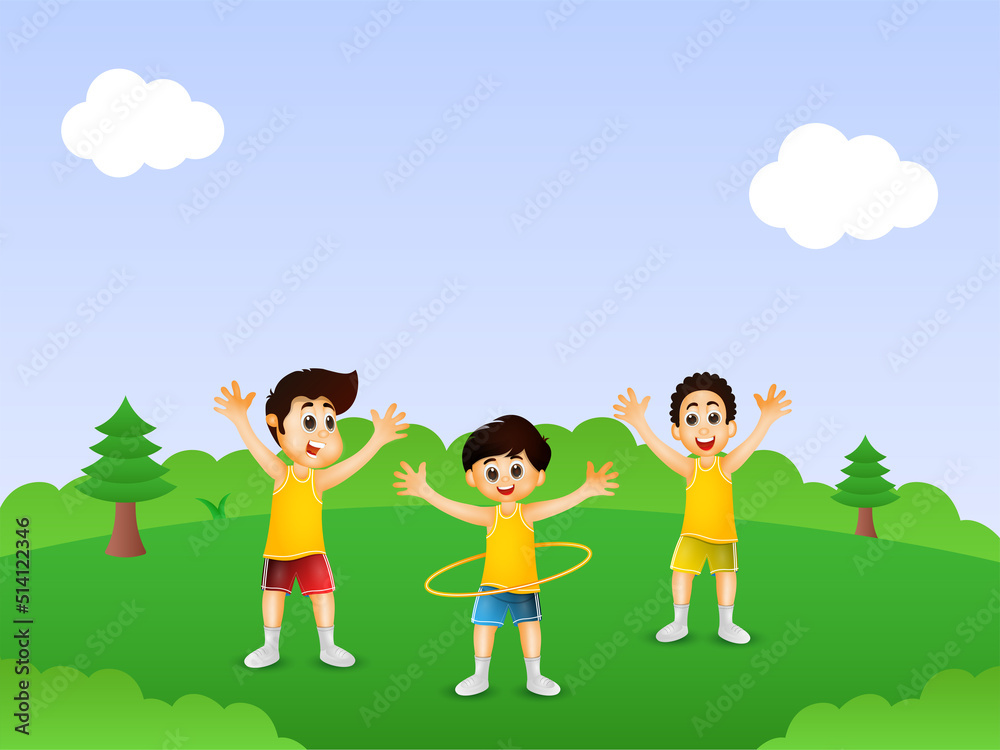 Cheerful Boys Playing Together On Blue And Green Natural Background.