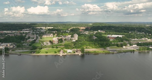 Summer afternoon aerial drone video of the east side of the Hudson River, Poughkeepsie, NY.  photo