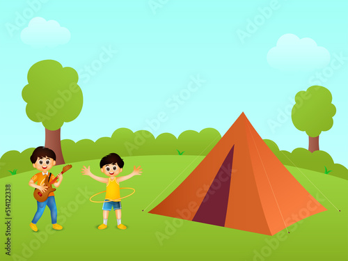 Cheerful Kids Enjoying With Tent Illustration On Green And Sky Blue Natural Background.