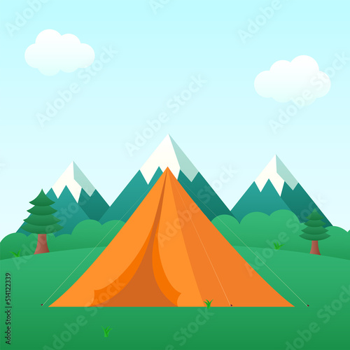 Vector Camping Tent With Mountain On Blue And Green Nature View Background.
