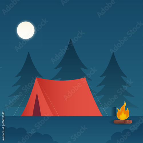 Red Camping Tent With Bonfire On Full Moon Blue Tree Background.