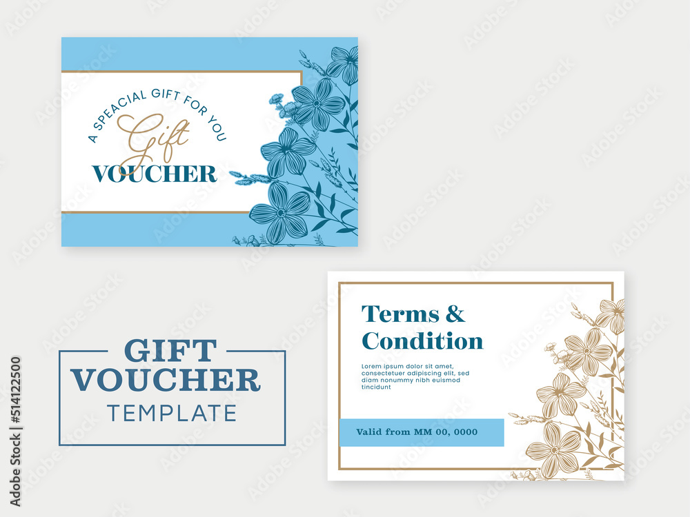 Editable Gift Voucher Template Decorated With Floral In Front And Back View.