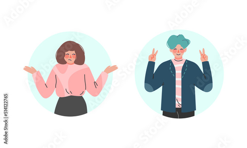 Male and Female Shrugging Shoulders and Showing V Sign as Positive Hand Gesture in Circular Frame Vector Set
